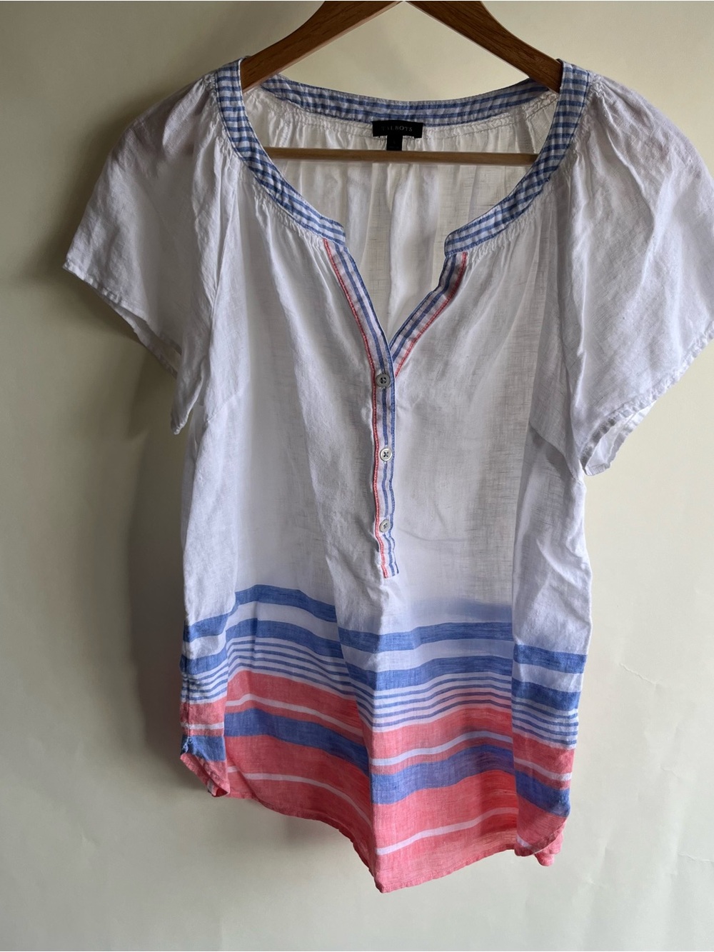 Talbots Linen Blouse Sz Sm Women’s Striped White Blue Preppy Shirt